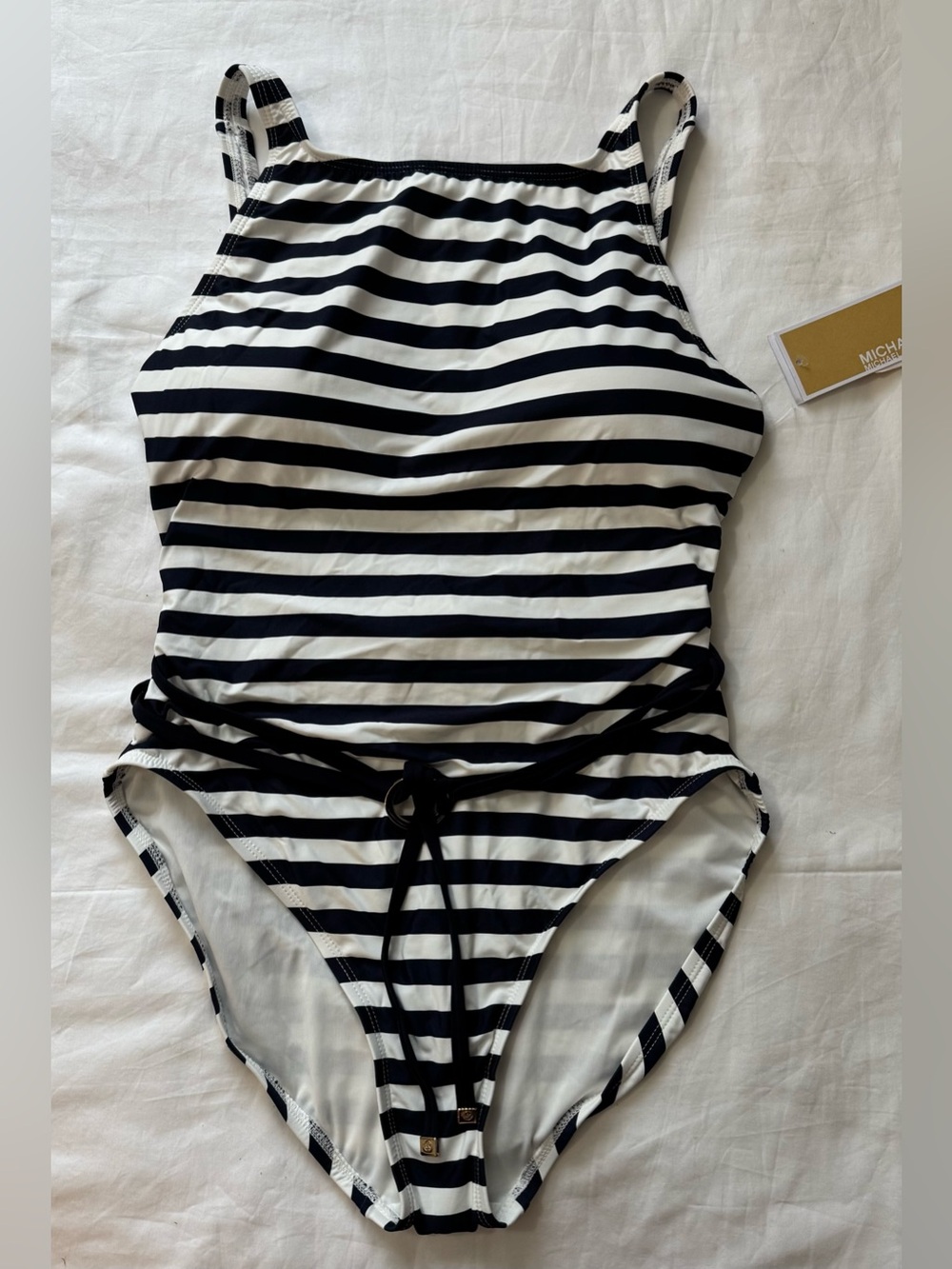 NWT Michael Kors Belted One Piece White Navy Stripe Swimsuit Size 10